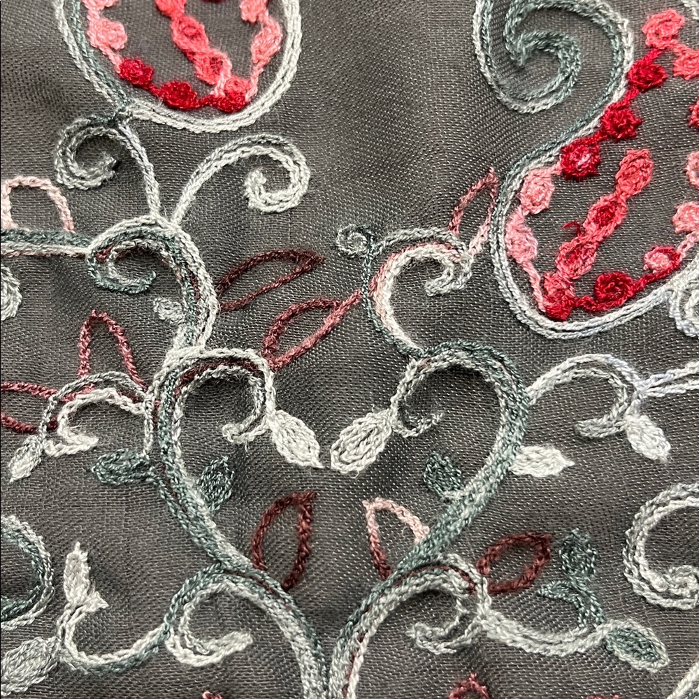 BOHO Granola Girl Paisley/Foliage Border Embroidered 28' x 74" Grey Sage Scarf - Picture 12 of 15
